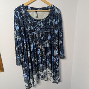 White Mark Blue Paisley Floral Handkerchief Hem Tunic, Size 3XL